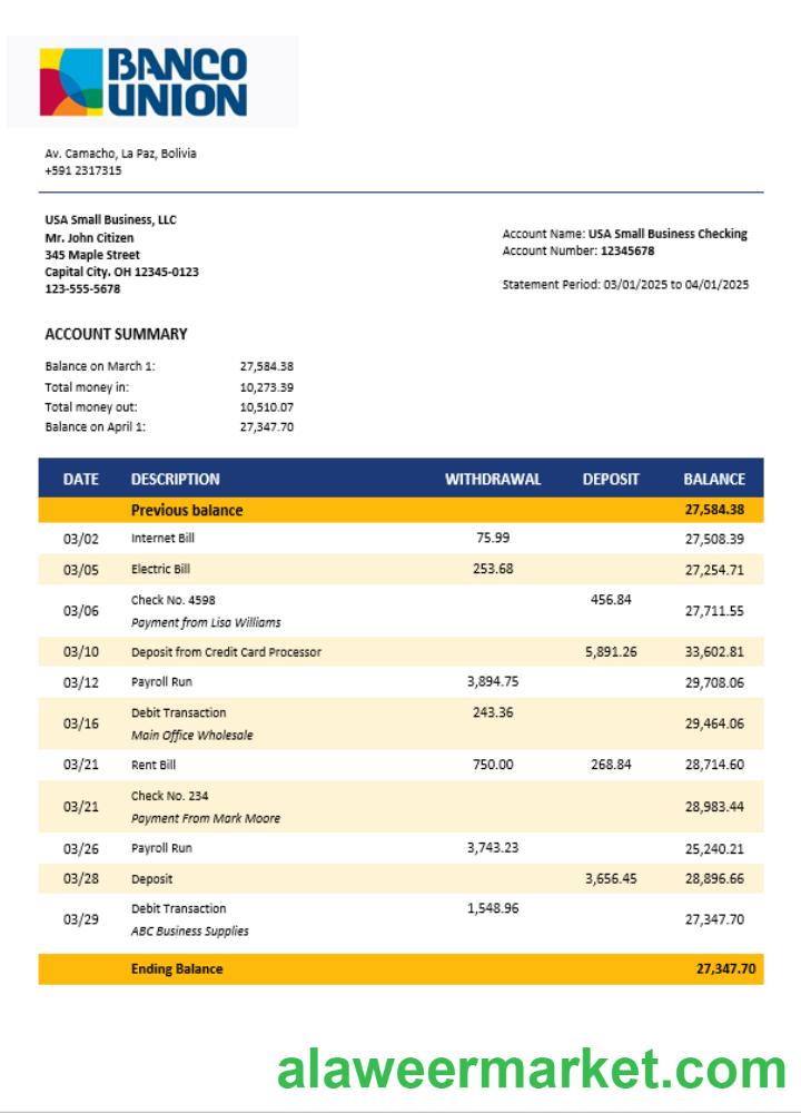 Banco Union Bank business firm statement Word and PDF format